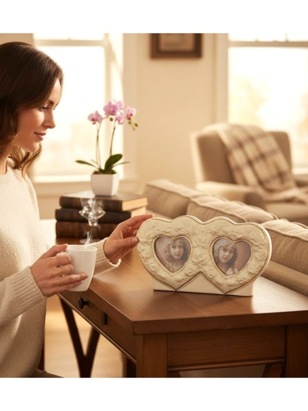 Crown Accents Heart-Shaped Double Photo Frame With Floral Design